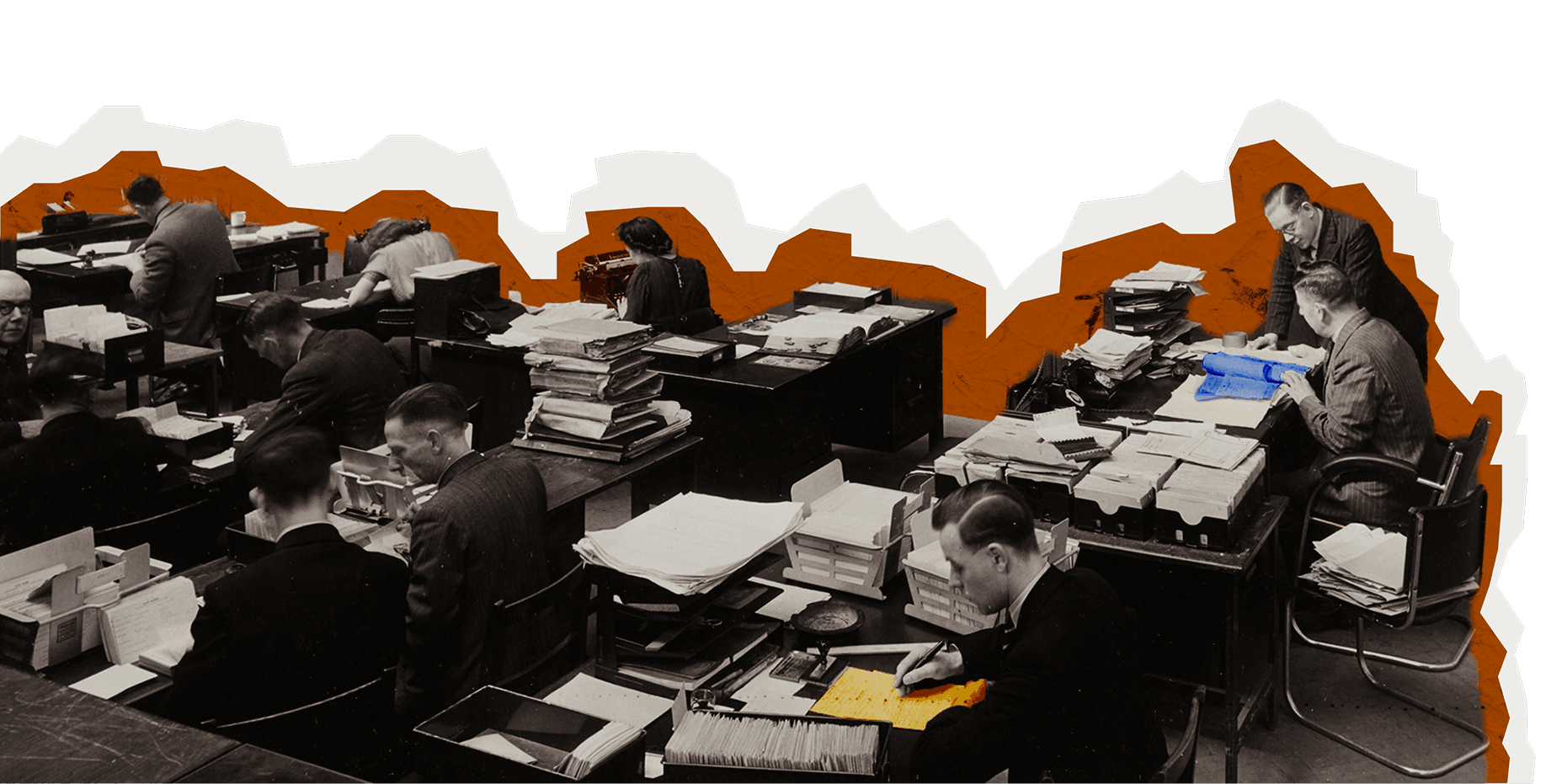 Archive photo of a crowded mid-century newsroom, desks stacked with paper